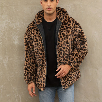 Soft, Warm Men's Faux Fur Hooded Jacket - Elegant Leopard Print Zip-Up Coat with Pockets, Machine Washable for Fall/Winter Casual Wear
